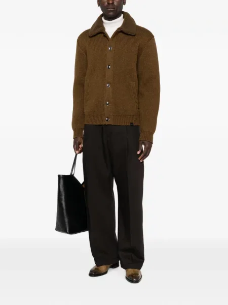 Gulerat cardigan Tom Ford din piele de oaie maro