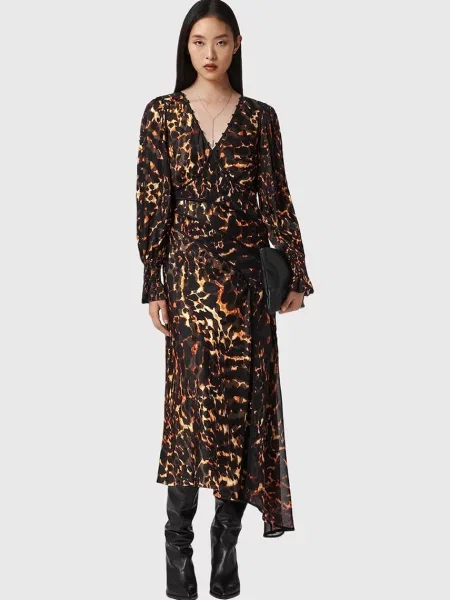 AllSaints rochie din mătase midi evazați maro