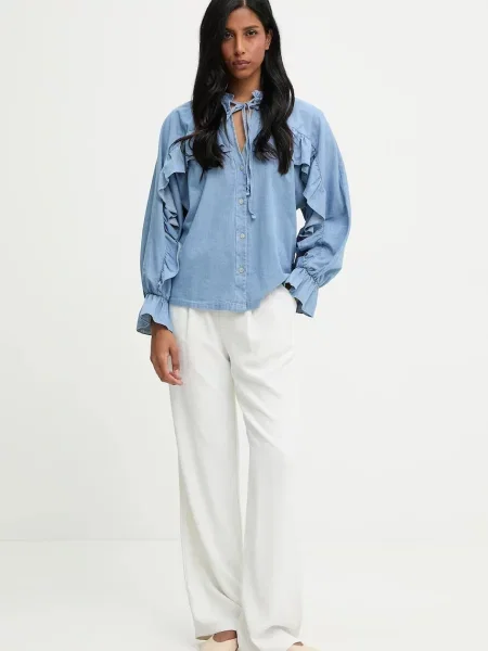 Answear.LAB koszula regular z wiązanym dekoltem niebieski