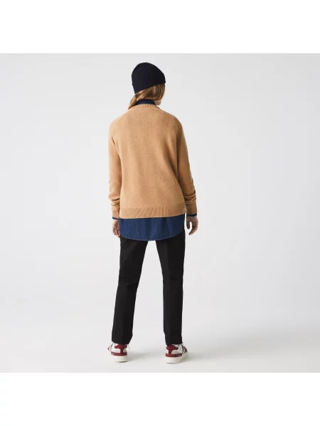 Lacoste Wełniany Sweter Z Okrągłym Kołnierzykiem beżowy