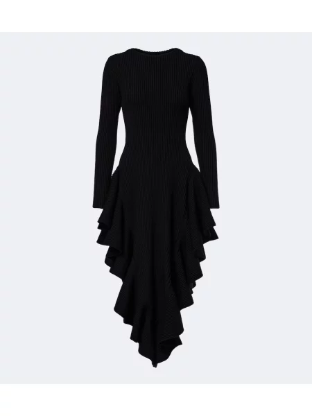 Rochie midi Alaïa de lână cu volane negru