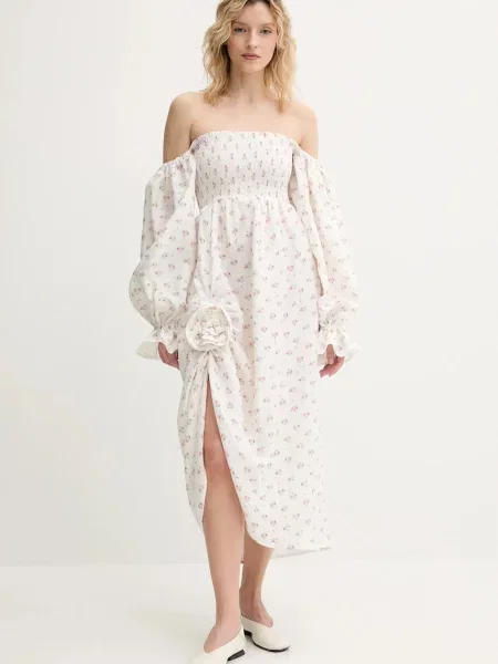 The Sleeper sukienka lniana maxi rozkloszowana biały