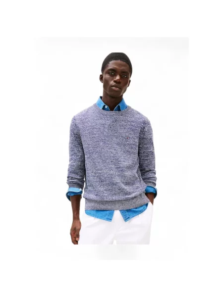 Lniany sweter Tommy Hilfiger z okrągłym dekoltem niebieski