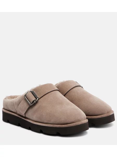 Papuci de casă Brunello Cucinelli din piele de căprioară maro