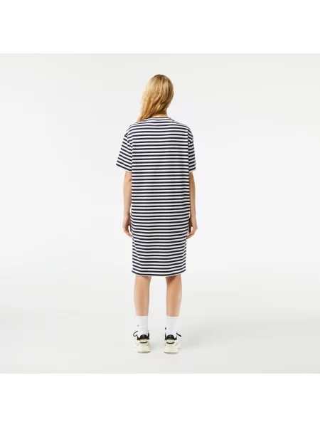 Lacoste Sukienka Z Okrągłym Dekoltem Z Krótkim Rękawem W Paski Relaxed Fit Kremowy czarna