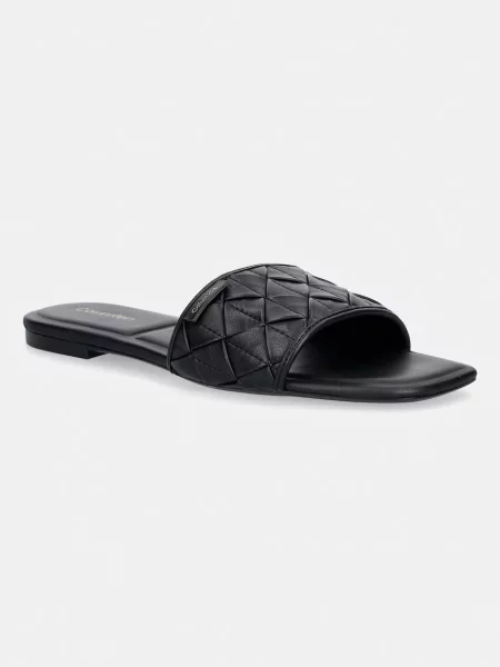 Calvin Klein pantofle SQUARE FLAT SNDL WOVEN LTH černé