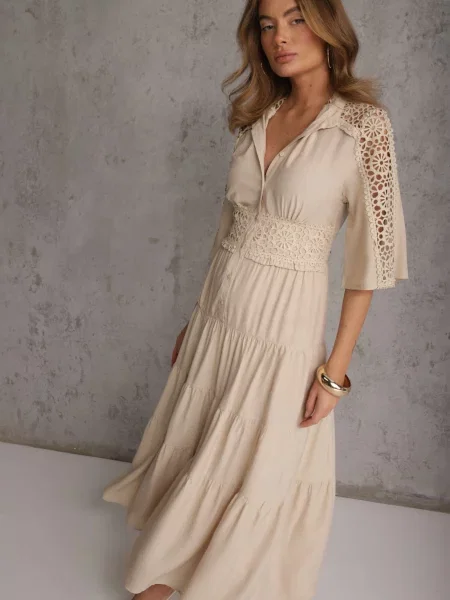 Boho Sukienka z Wiskozą o Rozkloszowanym Kroju z Ażurowymi Wstawkami Idacea beżowa
