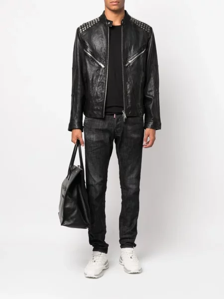 Bikerská kožená bunda Dsquared2 se cvočky černá