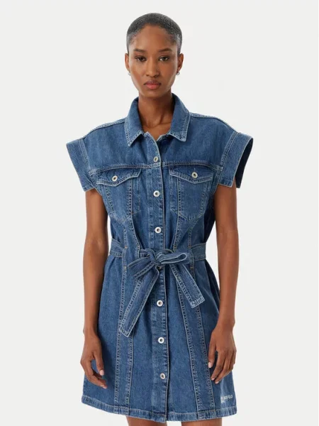 KARL LAGERFELD JEANS Dolga srajca Kurzärmeliges Jeanskleid mit Gürtel modra