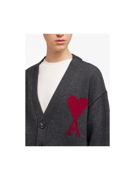 Sweter Ami Paris wełniany z nadrukiem z dekoltem w serek szary