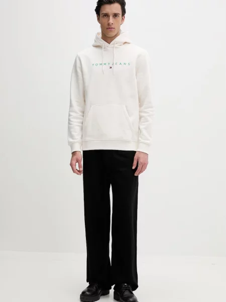 Tommy Jeans pulover s kapuco z bombažem bež