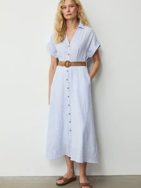 Medicine sukienka rozkloszowana z lnem niebieska
