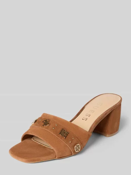 Sandałki ze skóry z obcasem słupek model Guess brązowe