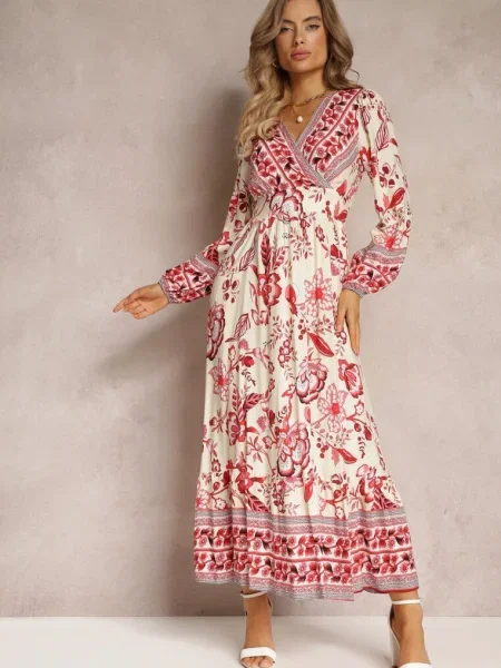 Rochie Maxi Bej-Roșu cu Decolteu Înfășurat și în Talie Nerene bej
