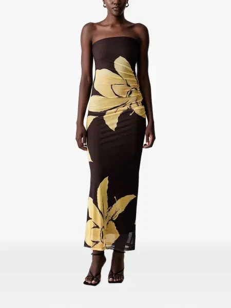 Rochie maxi Bardot cu model floral cu imagine maro