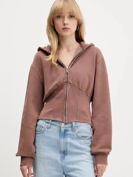 Суичър с качулка Guess Originals с качулка с принт кафяво