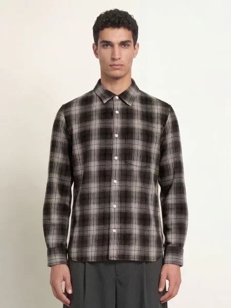 Allsaints Košile Wrent Comfort Fit tmavě hnědá / krémová šedá