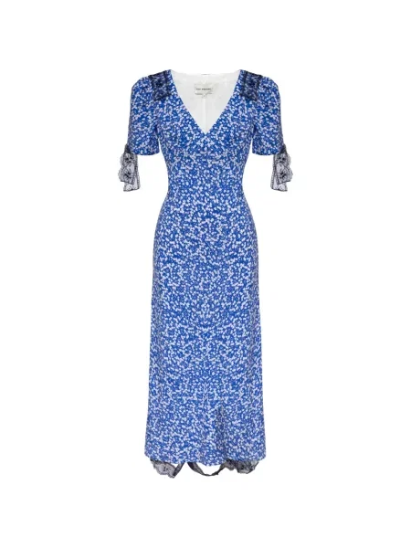 Rochie midi Post Meridiem cu model floral cu imagine din dantelă albastru