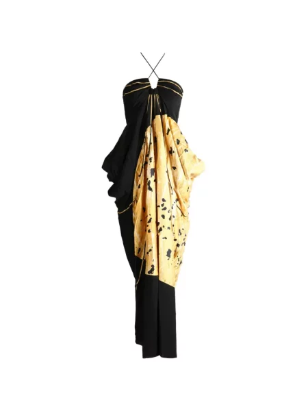 Rochie maxi Yangkehan cu model floral cu imagine drapată negru