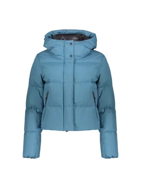Lniana krótka kurtka puchowa Herno z kapturem niebieska