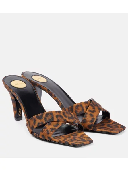 Satenaste mules Saint Laurent s potiskom z leopardjim vzorcem rumena