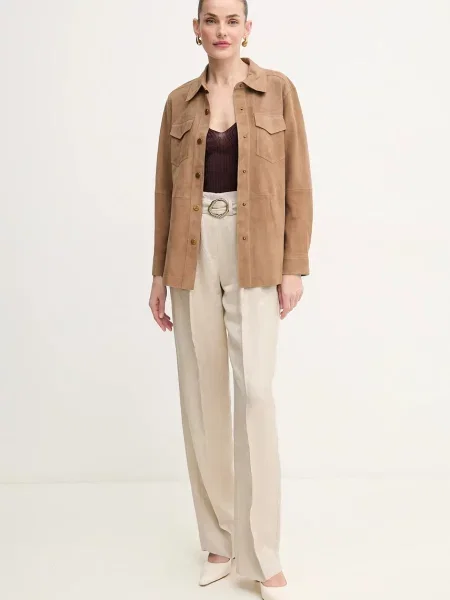 Marella spodnie z domieszką lnu FATTO fason chinos high waist beżowy