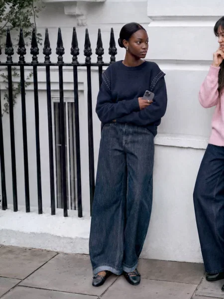 Sweter z falbanami i ćwiekami Teen L MANGO TEEN granatowy