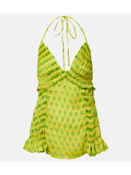 Top Dries Van Noten de mătase cu buline cu gât halter galben