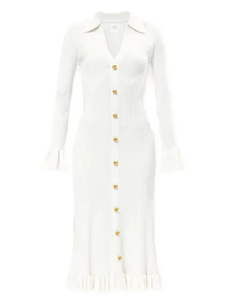 Sukienka midi Hervé Léger z falbankami do kolan garniturowa biała