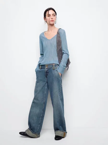 Sweter z lureksu z dekoltem w serek Teen XXS MANGO TEEN niebieski