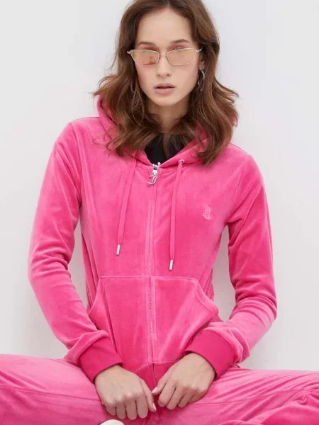 Juicy Couture bluză din velur cu glugă cu imprimeu roz