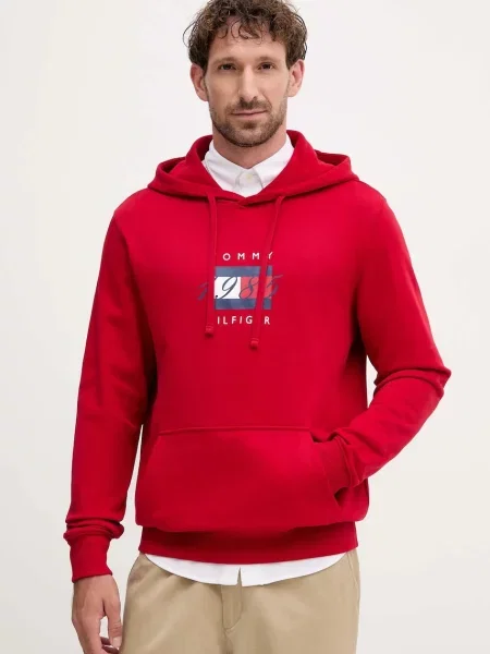 Суичър с качулка Tommy Hilfiger с качулка с принт червено