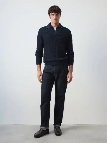 Sweter z prążkowanej dzianiny z zamkiem Mężczyzna XXL MANGO MAN granatowy