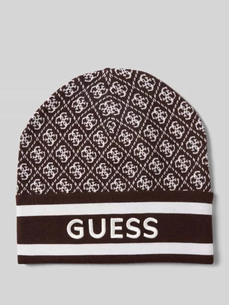 Czapka z dzianiny z wyhaftowanym logo model ‘SEVYN’ Guess brązowa