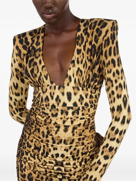 Rochie midi Roberto Cavalli cu imagine cu model leopard până la genunchi galben