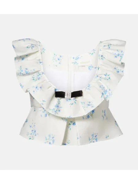Top Shushu/tong de mătase cu model floral cu volane alb