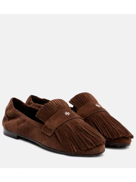 Pantofi loafer Tory Burch cu franjuri din piele de căprioară maro