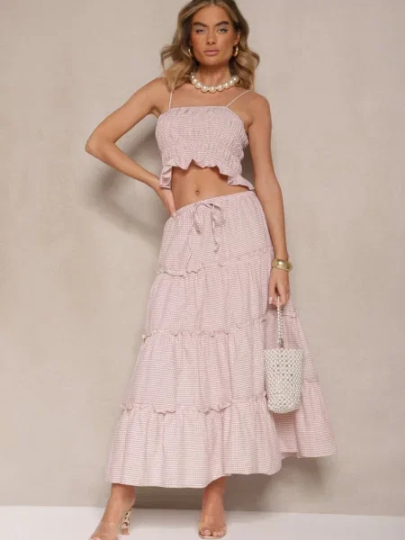 Komplet z Bawełny w Kratkę Vichy Top i Spódnica z Falbankami Frosirae beżowy