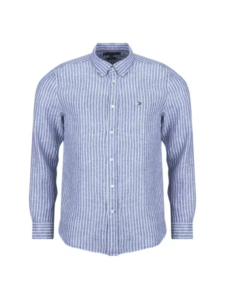 Laneni lanena srajca Tommy Hilfiger s črtami z dolgimi rokavi modra