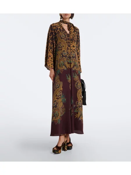 Rochie maxi Etro de mătase cu imagine cu model leopard maro