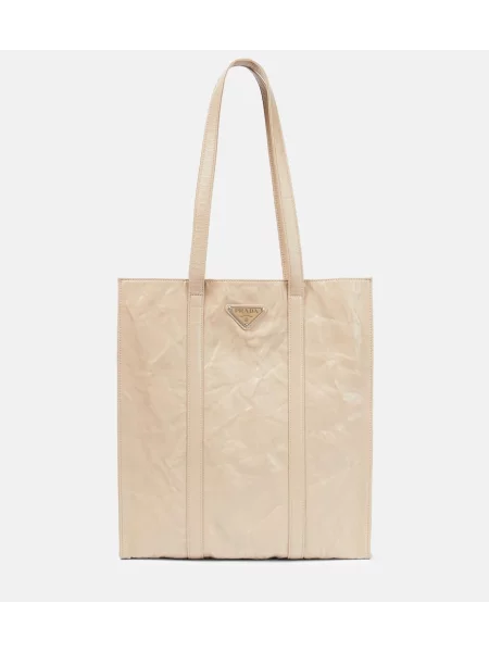 Kožená malá kožená taška Prada béžová