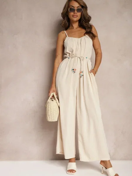 Jasnobeżowy Kombinezon z Regulowanymi Ramiączkami Wiązany w Talii bez Ramiączek Juletta beżowy