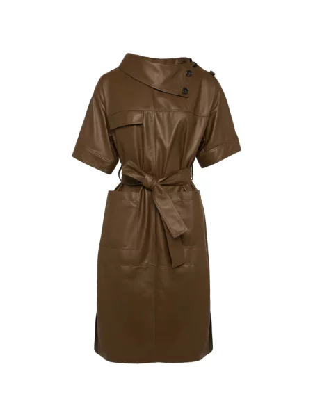 Cu centură rochie midi Yves Salomon din piele asimetrică maro