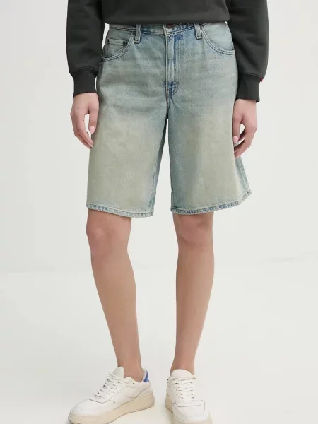 Дънков къс панталон Levi's BAGGY DAD с изчистен дизайн с висока талия синьо