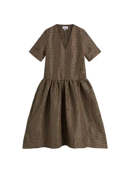 Sukienka w kratę Ganni w kratę brązowa