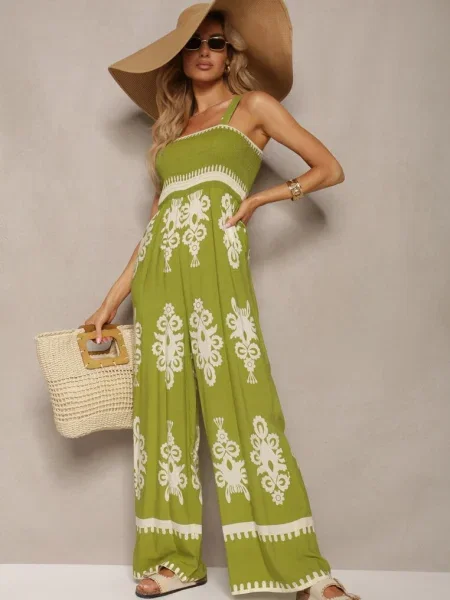 Salopeta din cu decolteu încrețit pe bretele cu pantaloni lungi Amperia verde