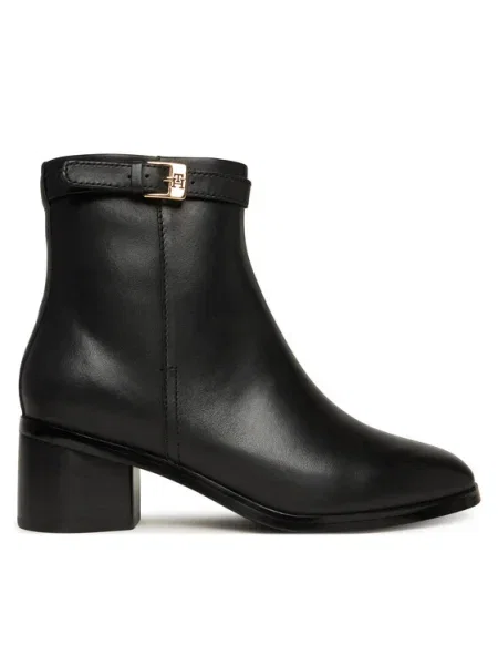 Кожени боти Tommy Hilfiger TH BUCKLE RIDING MID HEEL BOOTIE с дебел черно