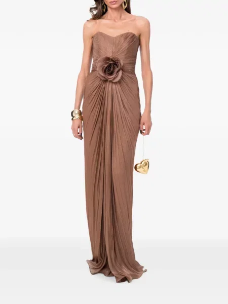Rochie maxi Ana Radu cu model floral fără bretele maro