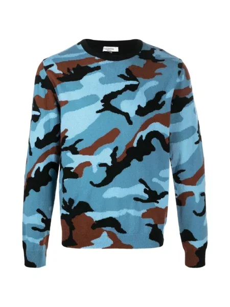 Pulover Valentino Garavani cu decolteu rotund cu model camuflaj albastru