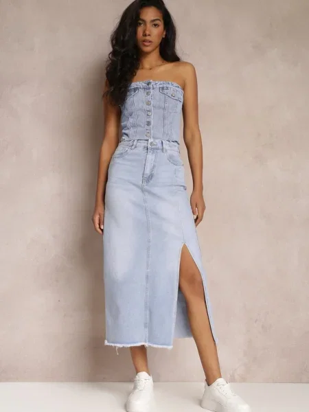 Fustă Maxi Jeans cu Talie Înaltă Elvi albastră